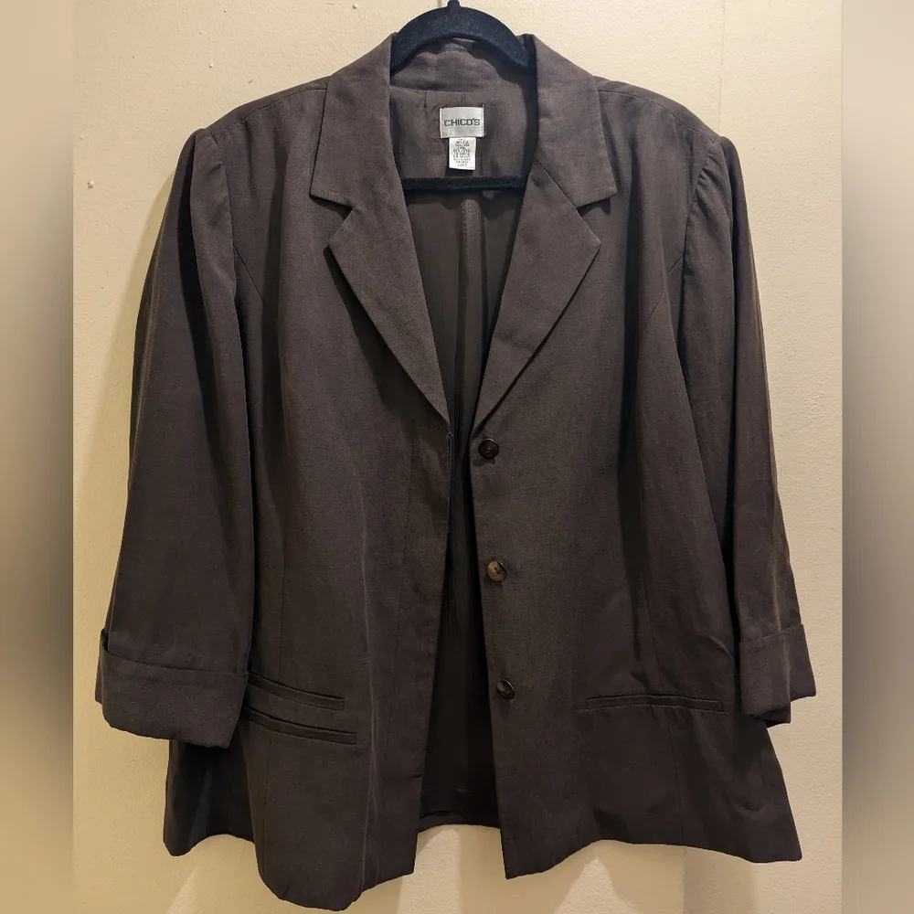 Chico's Brown Silk Linen Blend Blazer Button Front Collar 3/4 Sleeves- 3 (XL/16) - Picture 5 of 16